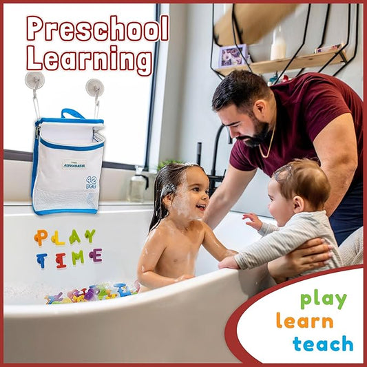 ALPHABATH Suction Bath Toys Alphabet Letters Numbers 42pcs Montessori Stimulating Autism Sensory No Mold Free Preschool Daycare Spelling Math Learn Build Connect Travel Kids Toddlers Ages 1 2 3 Years