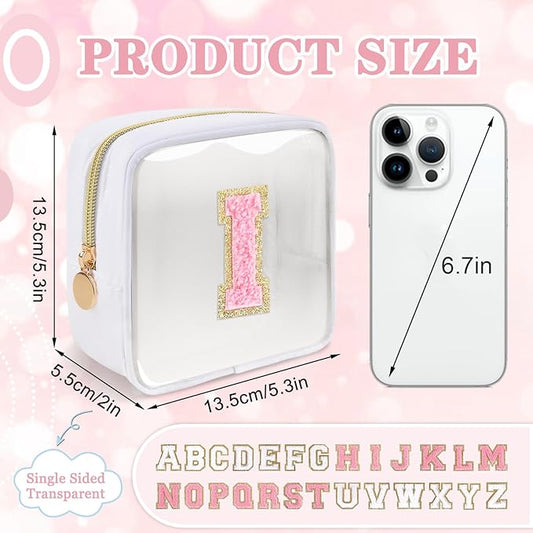 Mini Clear Personalized Initial Makeup Bag,Nylon Preppy A-Z Chenille Letter Patch Zipper Cosmetic Bag, Small Cute Beach Pouch Travel Purse Sanitary Napkin Storage Bag for Women Girls(White-Pink I)