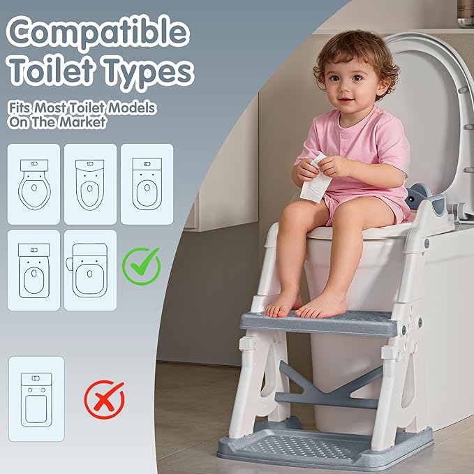 Potty Training Seat, 2 in 1 Potty Training Toilet with Step Stool for Boys Girls, Toddler Toilet Seat with Stabilizer Bar, Anti-Slip Pads and Splash Guard, Grey