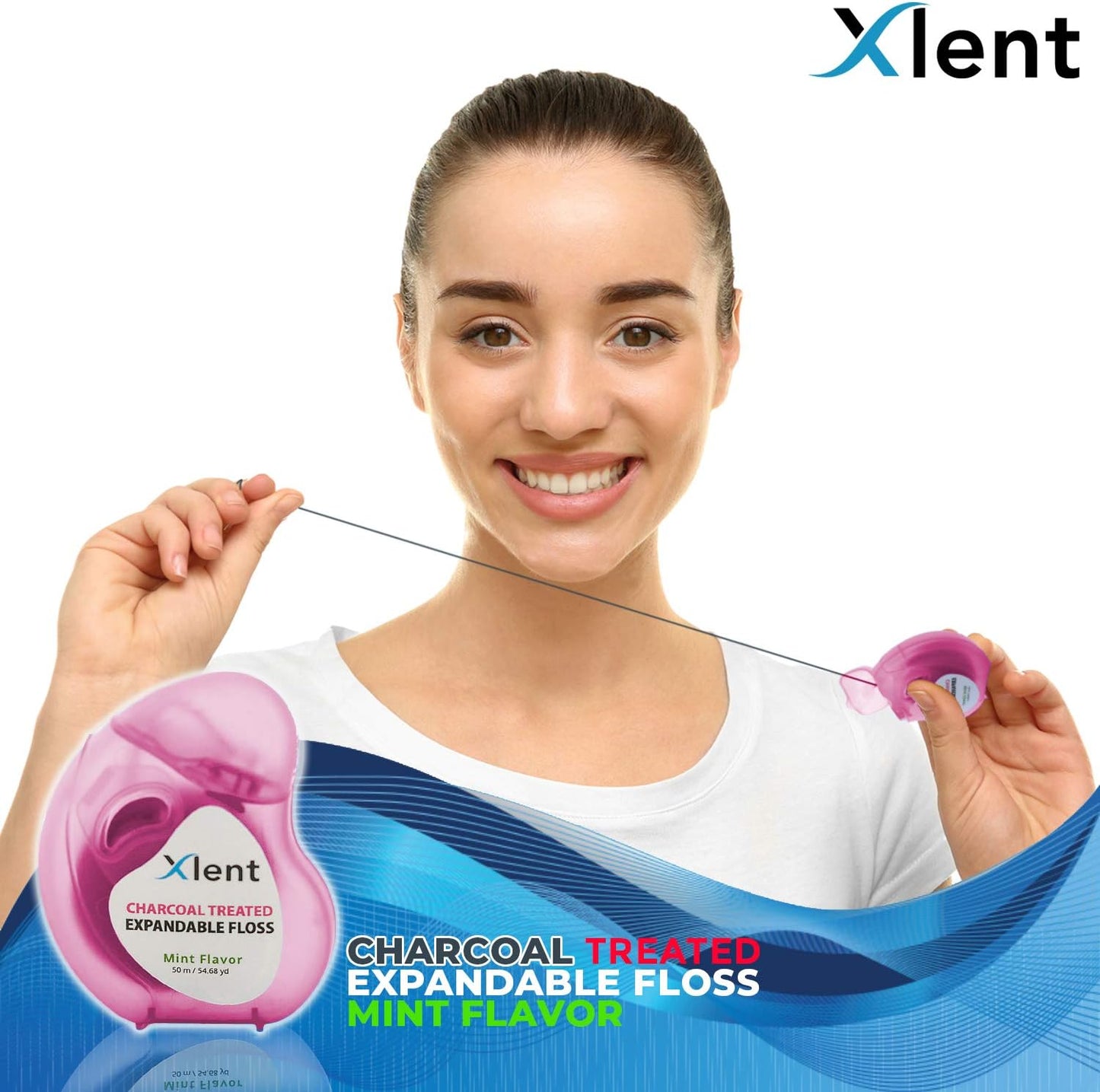 Expandable Floss Treated with Activated Charcoal with Xylitol and Natural Plant Based Wax |Fresh Mint Flavor | PFAS & PTFE Free |50 Meter x 2