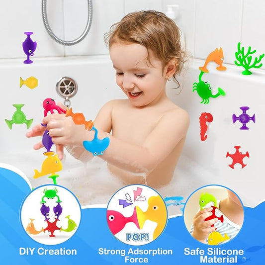 32PCS Suction Cup Bath Toys for Kids Ages 1-3 Ocean Animal Suction Bath Toys with Eggshell Storage No Hole Mold Free Bathtub Toys Party Favor Classroom Prize Water Table Toys 4 5 6 Year Old Boys Girls
