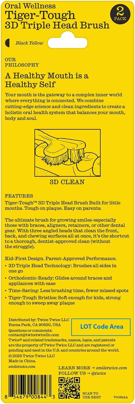 Twice Twice Kids 3D Triple-Head Toothbrush – Gentle, Soft Bristles for Braces, Aligners, and Sensitive Gums, Fun Design for Effective Plaque Removal & a Fresh, Clean Smile, 2 Count