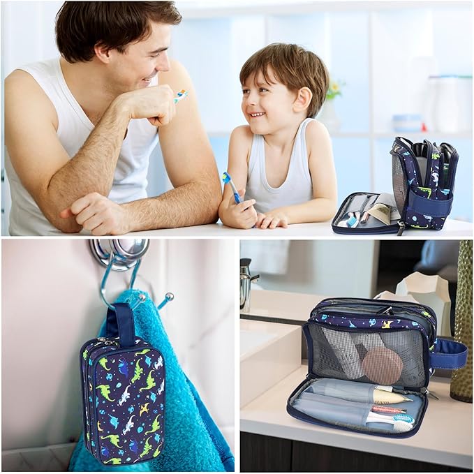 Dinosaur Kids Toiletry Bag for Boys, Travel Toiletry Bag for Little Young Boys Waterproof Hanging Wash Bag Toddler Traveling Toiletries, Navy