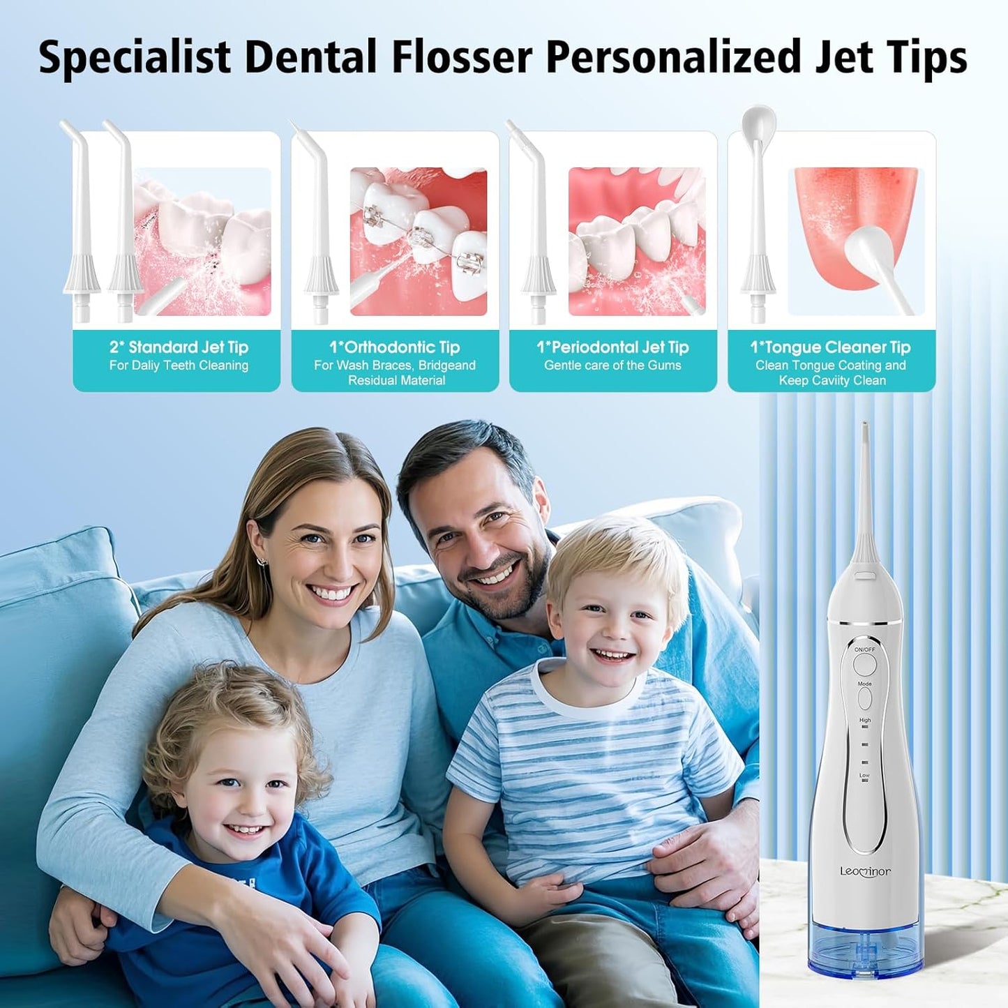 Leominor Water Dental Flosser Pick for Teeth, 300ML Portable Oral Irrigator Upgraded Tank Removable,IPX7 Waterproof, Rechargeable Travel Teeth Cleaner, Professional Electric Flossing (Blue White)