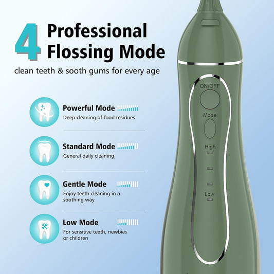Leominor Water Dental Flosser Pick for Teeth, 300ML Portable Oral Irrigator Upgraded Tank Removable,IPX7 Waterproof, Rechargeable Travel Teeth Cleaner, Professional Electric Flossing Machine(O-Green)