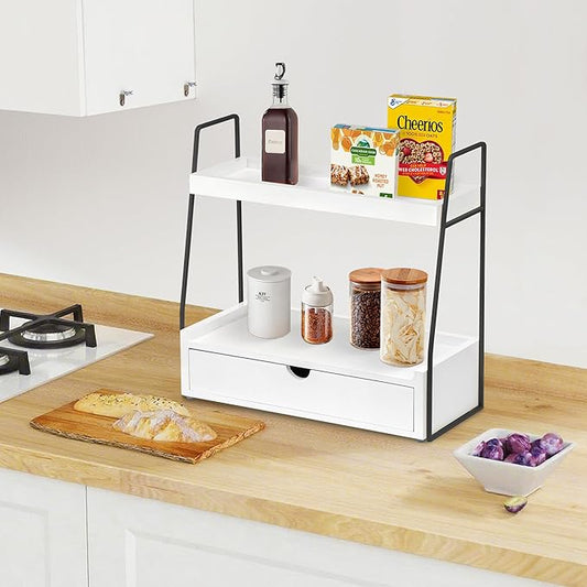 2-Tier Bathroom Organizer Countertop with Drawer, Wood Counter Organizer for Bathroom Decor, Sink Shelf for Vanity Storage, Makeup Tray for Perfume Skincare Bedroom Kitchen Corner