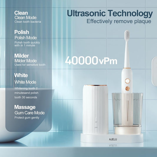 Electric Toothbrush Set with Drying & Sanitizing Holder, 8 Replacement Brush Heads, Transparent Rinse Cup, Smart Timer, USB Rechargeable for Adults