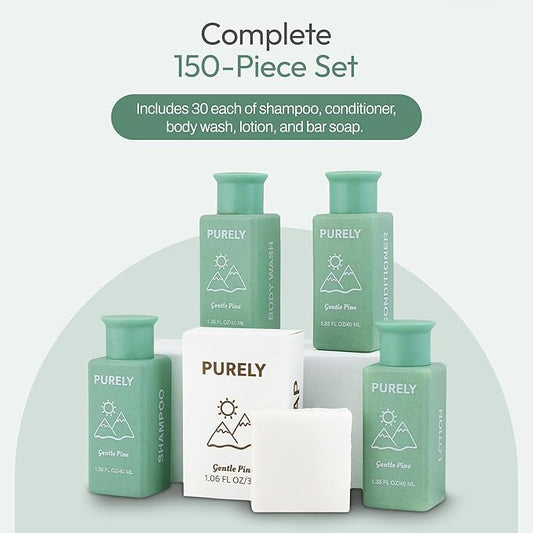 150‑Piece Bulk Travel Toiletries Set | Hotel & Airbnb Essentials | 1.3 oz Bottles (30 Shampoo, 30 Conditioner, 30 Body Wash, 30 Lotion, 30 Bar Soap) | Guest Bathroom Supplies + Homeless Outreach