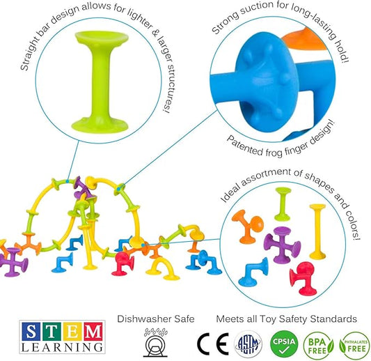 Froogly - 100 Piece Suction Toys - Montessori Bath & Construction Building Set - Silicone Toys for Toddlers & Kids Ages 3-6