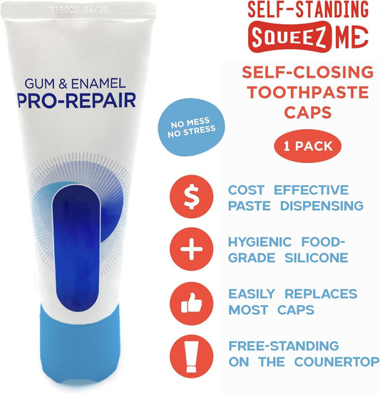 Chrome Cherry SqueezMe Self-Closing Toothpaste Caps, Silicone Lid for Kids & Adults, No Mess Toothpaste Dispenser, Self-Standing Easy Squeezer Cap, Bathroom Accessory, Self-Standing Blue, Pack of 1