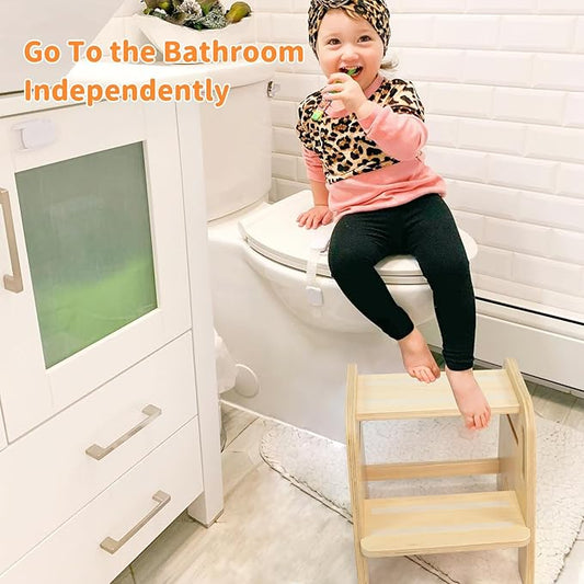 Step Stool for Toddler Kids Wooden – Height Adjustable 2-Step Ladder with Handles – Bathroom Sink Kitchen Bedroom Potty Training – Non-Slip Safety Design for Children 18 Months+