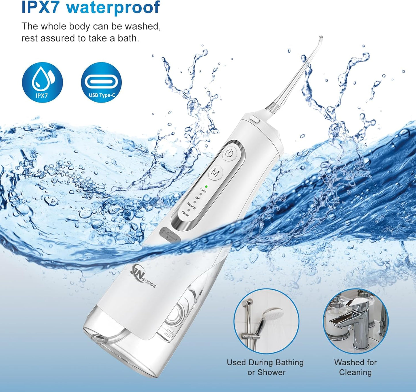 Cordless Water Dental Flosser Oral irrigator,JNGOODS 310ml Rechargeable Water flosser for Teeth IPX7 Waterproof 4 Modes Portable Oral Irrigator with 4 Jet Tips,Travel Home use (White)