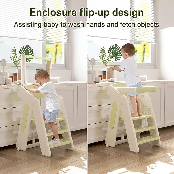 Toddler Tower Kitchen Stool Helper,Foldable/Adjustable Height Kids StandingTower Stool W/CPC Certification,for Kitchen Counter Bathroom Sink Cooking Child Ladder for Toddlers W/Safty Rail(Grey White)