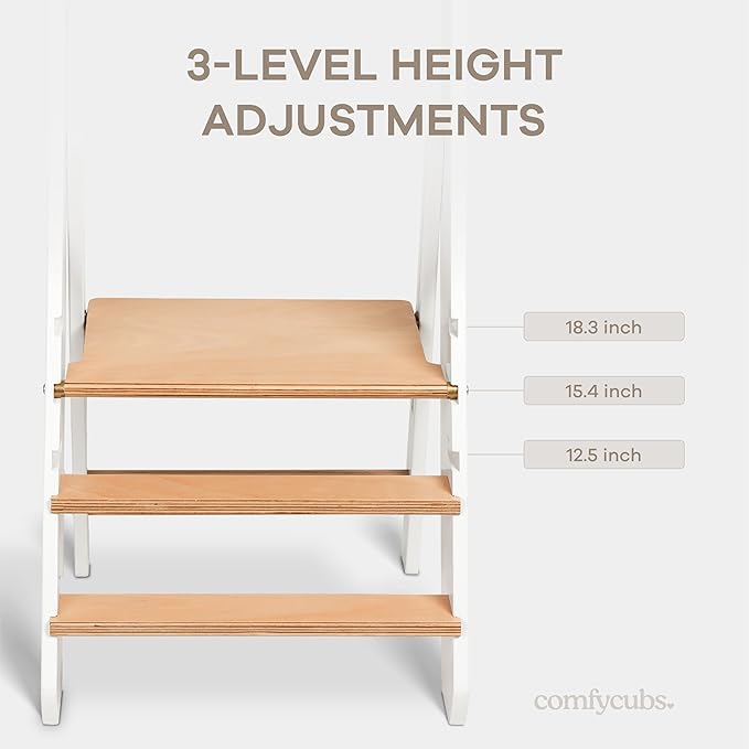 Comfy Cubs Kids Step Stool for Ages 3+, 3 Height Adjustable Toddler Tower, Montessori Furniture Designed in The US - Toddler Standing Tower for Kitchen Sink & Bathroom Access - White