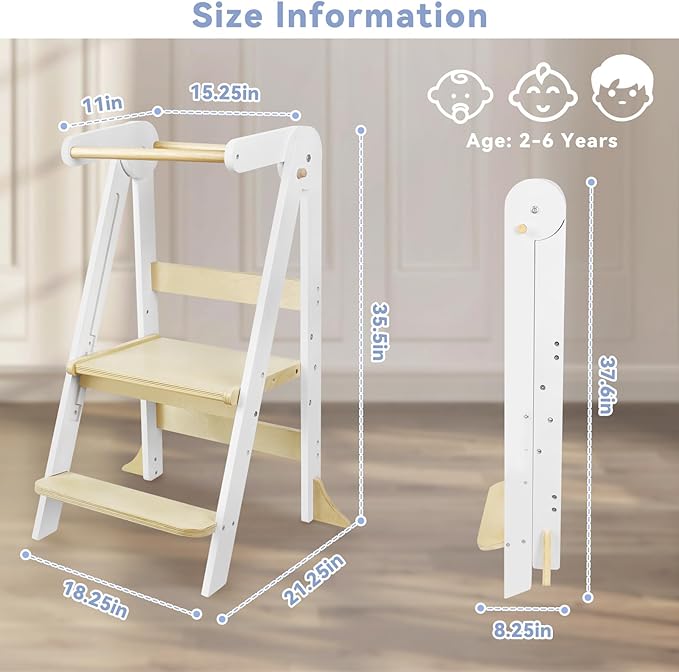 Foldable Toddler Kitchen Tower with Safety Rail, 3-Level Height Adjustable Montessori Kitchen Step Stool Helper, Standing Tower for Kids 2-6 Years, Toddler Helper Stool for Bathroom