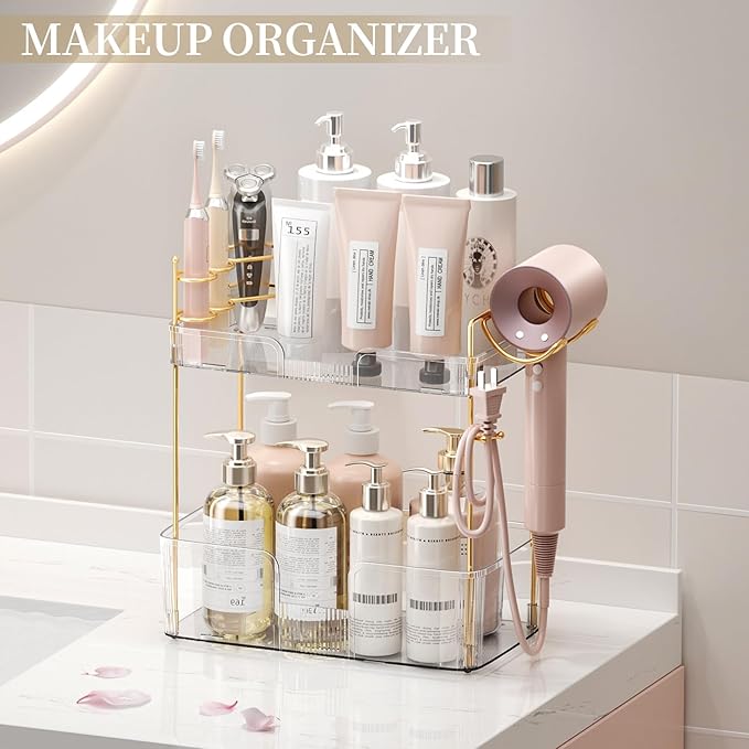 2-Tier Bathroom Counter Organizer with Hair Dryer Holder, Modern Style, Cosmetics & Skincare Shelf Organizer
