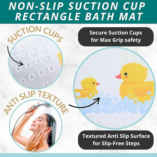 ENKOSI Non Slip Bath Mat for Tub and Shower Floors – Anti Slip Shower Mat with Strong Secure Suction Cup Grip – Rubber Duck Print for Kids and Toddlers for Inside Bathroom Bathtub (28x16 Duck)