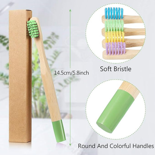 10 Piece Kids Bamboo Toothbrush Set - Natural Soft Bristle, Wooden, Toddler to Adult, Organic, BPA-Free, Colorful Travel Pack