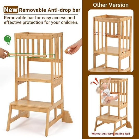 COSYLAND Height Adjustable Toddler Standing Tower - Toddler Kitchen Stool Helper Natural