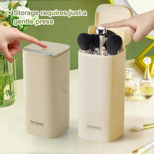 DASITON Makeup Brush Holder with Lid,4 Slots Makeup Brush Organizer,Automatic Lifting Makeup Cosmetics Organizer,for Vanity Decor,Bathroom Countertop,Dustproof Cosmetic Brushes Container(Cream)