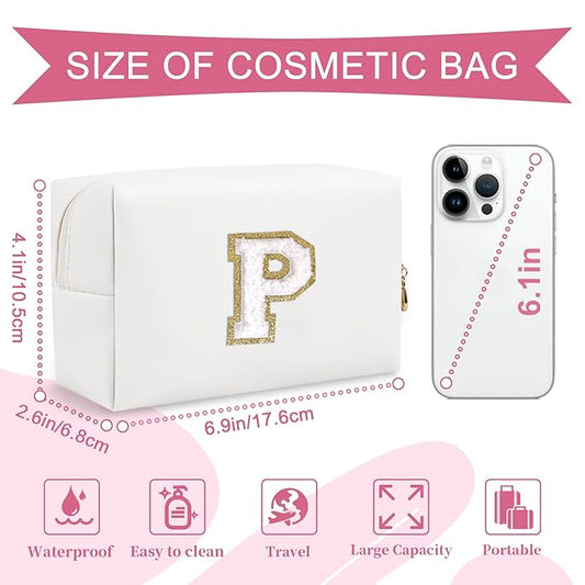 Small Personalized Initial A-Z Preppy Patch Makeup Bag,White PU Chenille Letter Travel Cosmetic Pouch with Zipper,Cute Toiletry Bag,Gift Ideal for Teen Girls Women Teacher Bridesmaid,Letter P