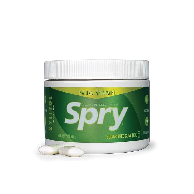 Spry Fresh Natural Xylitol Chewing Gum Dental Defense System - Aspartame-Free, Sugar-Free, Non-GMO, Gluten-Free (Spearmint, 100 Count - Pack of 1)