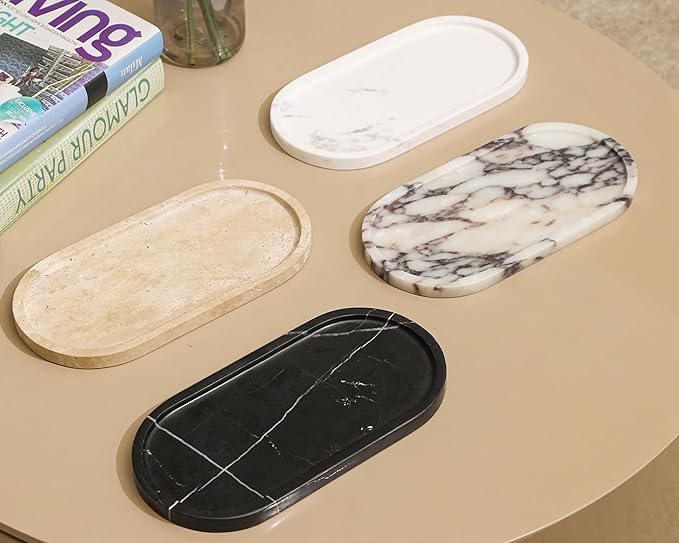 Adolif 2Pcs Black Marble Vanity Tray, Oval Marble Tray for Bathroom Storage Home Decor, 12 x 6 Inch