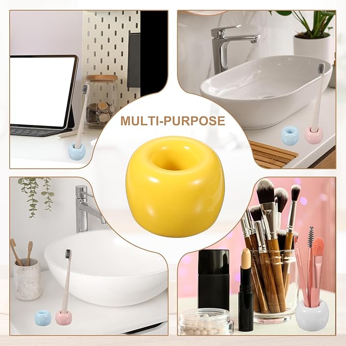 uxcell 2 Pcs Mini Ceramics Toothbrush Holder Stands, Sleek Mini Countertop Toothbrush Round Shape Ceramic Holder Stand for Bathroom Vanity Countertops, Yellow