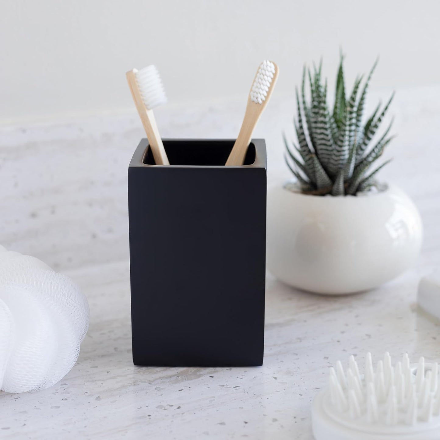 Matte Black Toothbrush and Toothpaste Holder for Bathroom Vanity and Countertop, Square Organizer for Electric Toothbrushes, Floss, Razors, Cotton, and Mouthwash