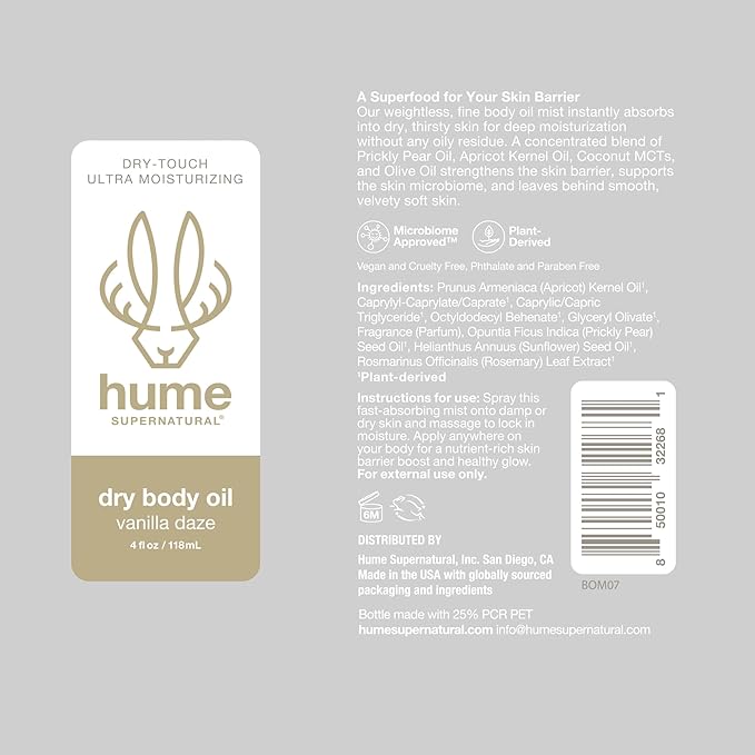 HUME SUPERNATURAL Dry Body Oil Spray - Moisturizing Oil for Dry Skin, After Shower Body Oils for Women and Men, Nourishing, Hydration, Glow, Vanilla Daze, 1-Pack