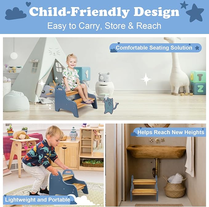 StrongTek Kids 2 Step Stool, Rubber Wood Step for Children, Safe & Sturdy, Ideal for Bathroom, Kitchen, Home Use, Durable, Non-Slip, Child Safety, Foot Stool, Toddler Step Stool, Easy to Clean