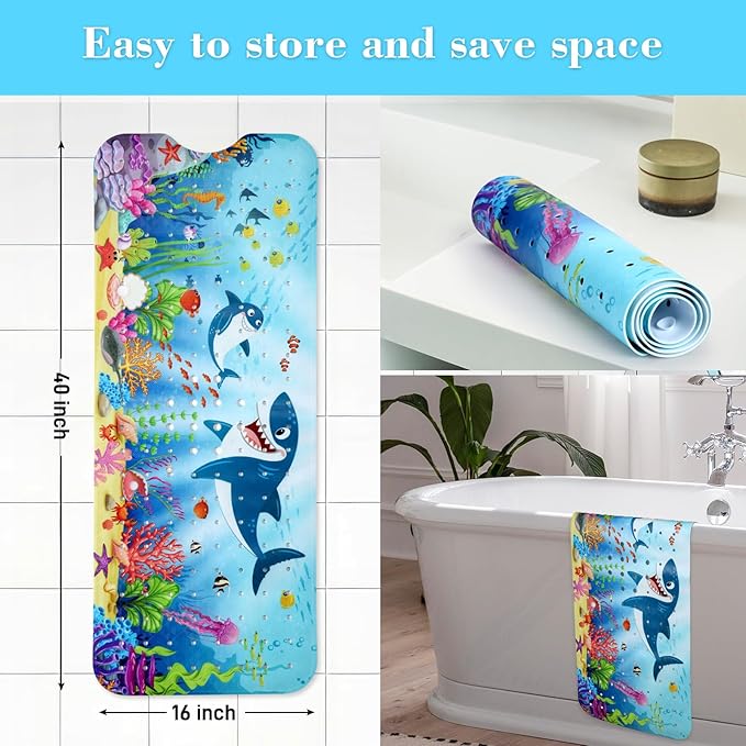 Bath Mat for Tub Non Slip, Machine Washable Anti-Slip Cartoon Baby Bathtub Shower Mat with Drain Holes and Suction Cups for Toddler & Kids, 40in x 16in, Sharks