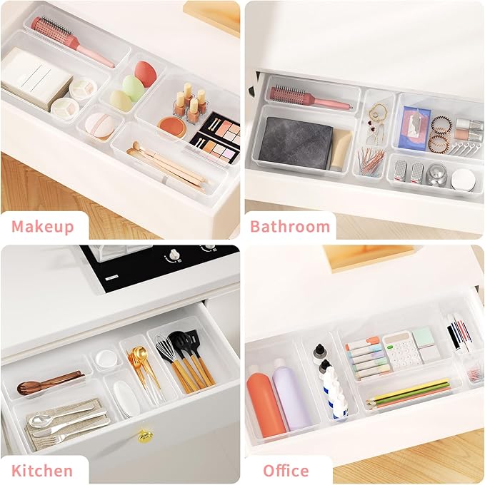 15 PCS Clear Plastic Drawer Organizer Set, 4 Sizes Versatile Bathroom Drawer Organization and Storage Trays, Non-Slip Desk Vanity Storage Bins for Makeup Jewelry Kitchen Utensil Gadget Office