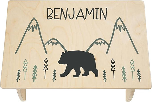 Woodland Step Stool for Toddlers- BloomOwl Personalized Wood Kids Step Stool with Name for Kitchen Sink, Bathroom, Potty Training, Toilet, Kitchen Sink- Sturdy and Safe, Mountains (Bear- Minimal)