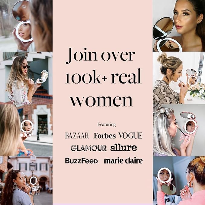 Fancii Taylor LED Lighted Travel Makeup Mirror, Rechargeable with 10x/1x Magnifying & 3 Light Settings - Compact, Portable, Large 5” Wide Hand Mirror for Handbag and Purses (Rose Gold)