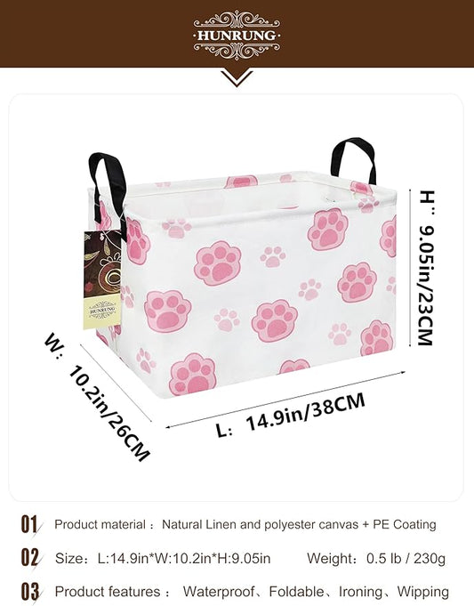 HUNRUNG Rectangle Storage Basket Cute Canvas Organizer Bin for Pet/Children Toys, Books, Clothes Perfect for Rooms/Playroom(REC-Pink Paw)