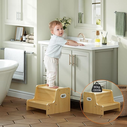 HOOBRO Step Stool for Kids, Two Step Toddler's Stool, Kids Potty Training Stool with Handles, Non-Slip Pads for Safety, Easy to Move, for Sink, Bathroom, Bedroom, Natural NL01JD01