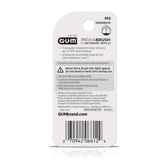 GUM Proxabrush Go-Betweens Refills - Moderate - Compatible with GUM Permanent Handle - Reusable Interdental Brushes - Soft Bristled Dental Picks, 8 Count