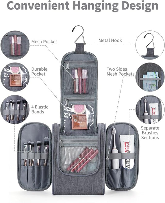 Narwey Small Hanging Toiletry Bag Women Travel Makeup Bag Organizer Toiletries Bag for Travel Size Essentials Accessories Cosmetics (Medium, Grey)