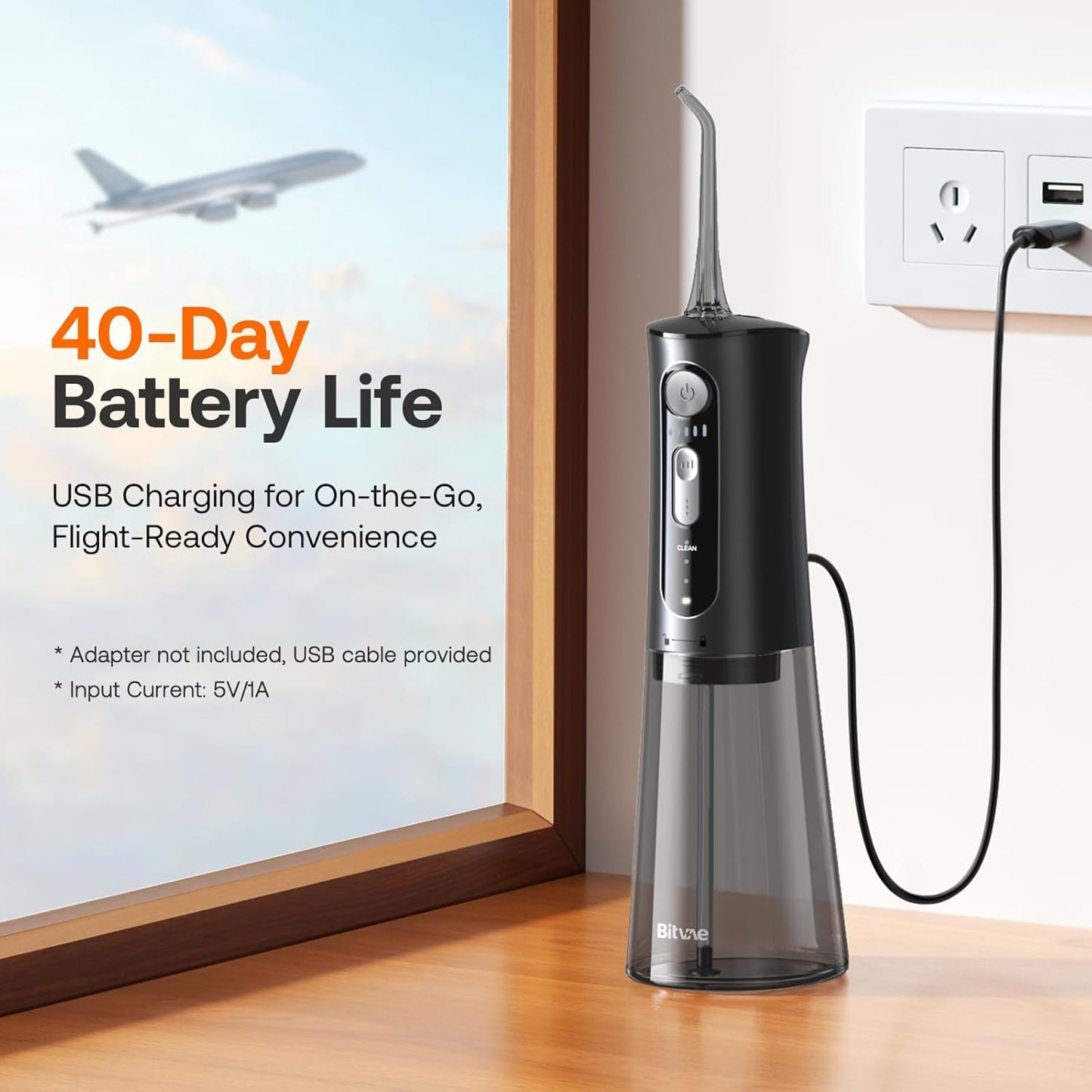 Bitvae Water Dental Flosser for Teeth, Cordless Water Teeth Cleaner Picks, 3 Modes 5 Intensities, IPX7 Waterproof, Rechargeable Water Dental Picks for Cleaning - Black