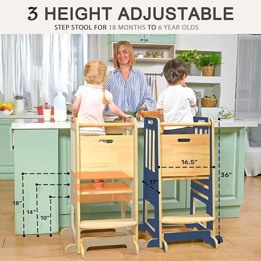 WINGYZ Toddler Kitchen Stool – Adjustable Helper Tower for Kids with Safety Rail, Wooden Standing Step-Up Stool, Sliding Door & Stable Base, Dark Blue