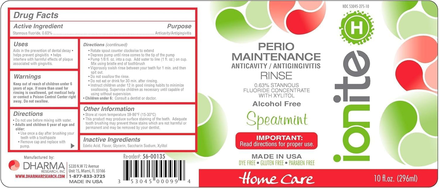 Ionite-H Home Care - Periodontal 0.63% Stannous Fluoride Mouthwash for Oral Treatment - Perio Maintenance Flouride Rinse Mouthwash - with Mixing Cup/Shaker and Dispensing Pump (10 Fl oz, Spearmint)