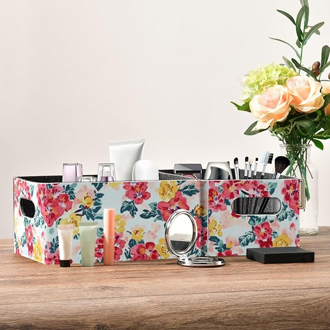 Kcldeci Rose Floral Flower Green Leaf Storage Bins Baskets for Organizing 2Pack, Sturdy Storage Basket Foldable Storage Baskets for Shelves Closet Nursery Toy