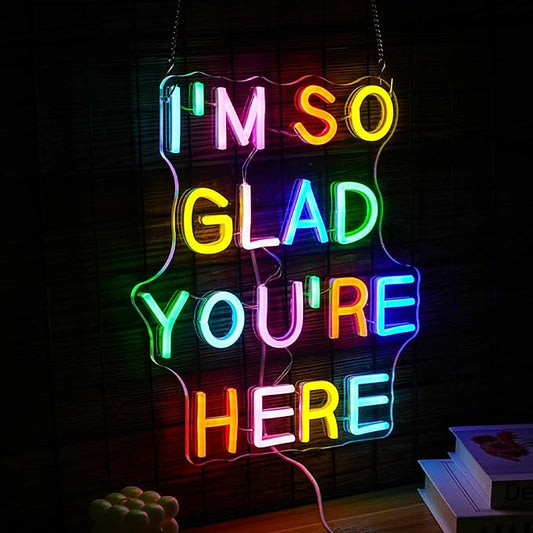 I’m So Glad You’re Here Neon Sign Dimmable Positive Affirmation LED Neon Light for Wall Decor USB Powered Multicolored Light Up Sign for Classroom Wedding Party Store Home Neon Decor