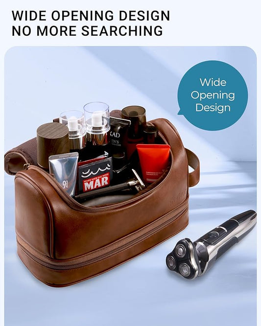 Elviros Toiletry Bag for Mens PU Leather Travel Organizer Kit with Hanging hook, Large Water-resistant Toiletries Bathroom Shaving Bags (Extra Large, Brown)