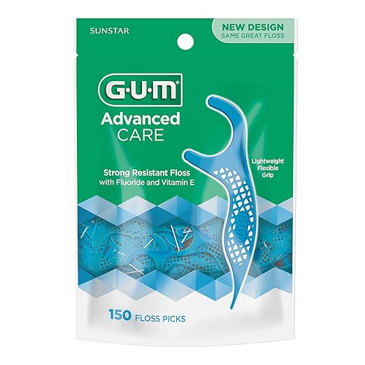 GUM Advanced Care Floss Picks - Dental Flossers for Adults with Vitamin E and Fluoride - Extra Strong Shred-Resistant Dental Floss, Easy Grip Handle, Fresh Mint Flavor, 150 Count (Pack of 4)