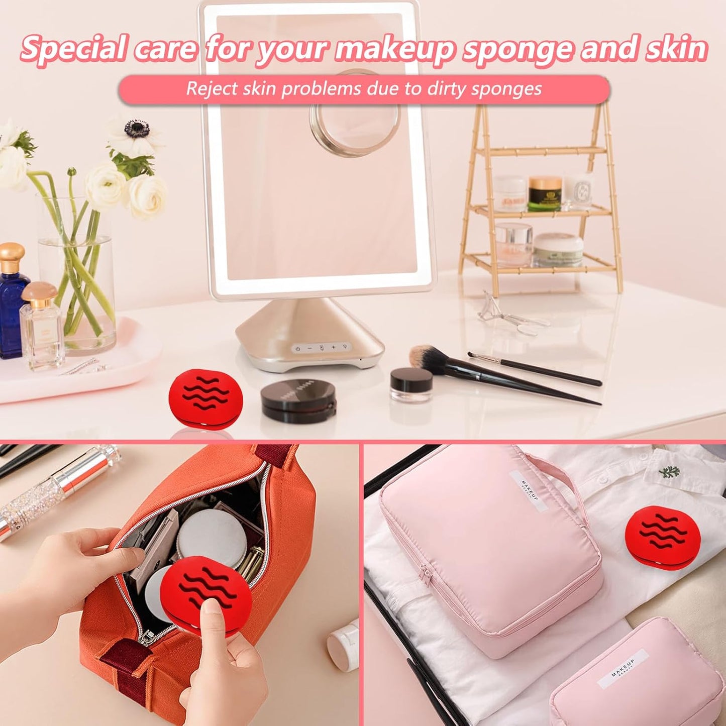 Makeup Sponge Holder,Travel Make up Sponges Organizer,Silicone Shatterproof Make Up Sponge Case,Breathable makeup sponge case, suitable for business or travel(Red)