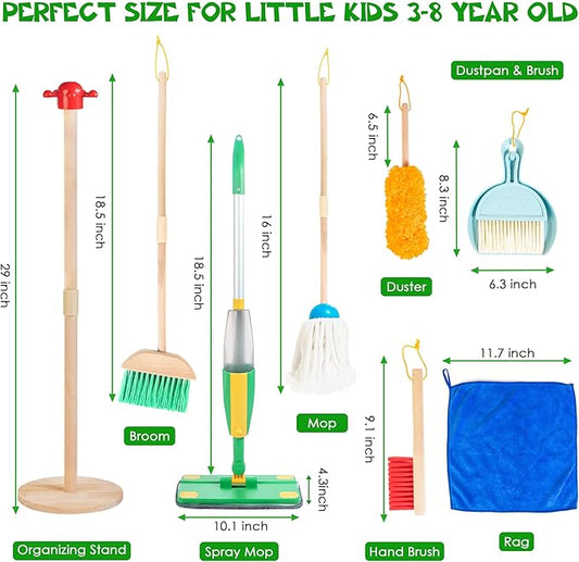 Wooden Kids Cleaning Set with Spray Mop, Montessori Cleaning Toys Real Water Sprayer and Toddler Broom Mop Set, Housework Pretend Play Toy Gift for Boys Girls Ages 3+
