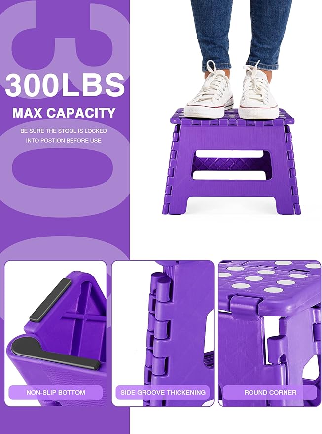 Dyforce Folding Step Stool 9", Kids Step Stool, Heavy Duty Step Stools for Adults, Compact Foot Stools, Light-Weight Toddler Step Stools for Kitchen, Bathroom, Holds Up to 300 lbs (Purple)