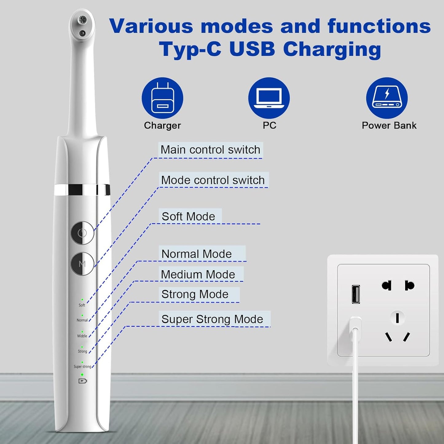 Tooth Polisher,Teeth Polishing Kit for Daily Cleaning,Polishing Then Whitening of Tooth (Professional Toothpaste Include),USB Rechargeable Dental Polisher with LED Light,6 Heads,5 Speed Modes
